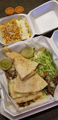 Steak quesadillas & Mexican corn... both very tasty.