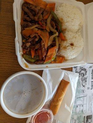 Spicy garlic pork lunch combo with hot & sour soup and vegetable spring roll.