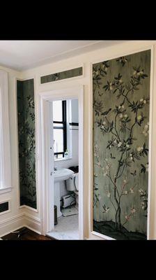 I primed & installed Rebel Walls/ Gimmersta's Chinoiserie Chic, Jade custom wall mural in the nursery - UWS