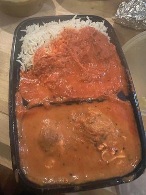 Malai Kofta (sweet!), Chicken Tikka, rice.