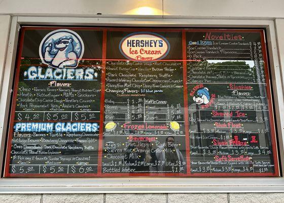 2024 menu of Glaciers, Hershey's ice creams, novelties, slushies, etc.