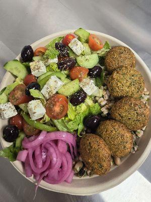 Falafel bowl with extra toppings.  Simply delicious