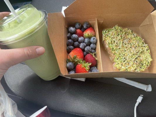 Popeyes pick protein smoothie, fruit, and avocado toast.