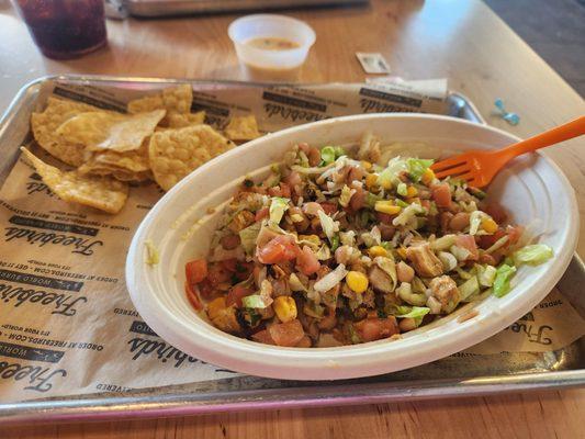 My burrito bowl, half eaten but oh so good! The chips are fresh done daily