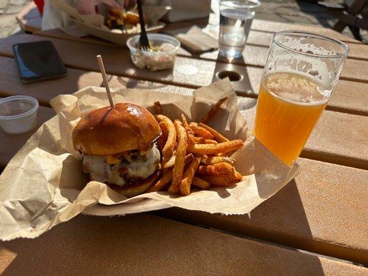 Abridged Burger with fries and Synchronous IPA