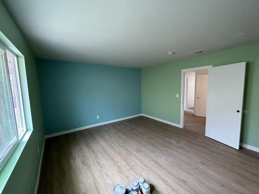 Finished 2 tone room +baseboards and painted interior doors + ceiling painted