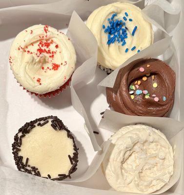 Cupcakes- Red Velvet, Blueberry Pancake, Chocolate, Coconut, Flourless Chocolate.