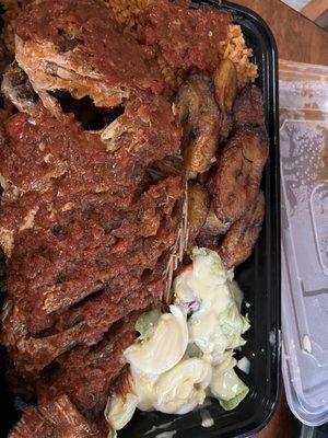 Red Snapper, rice, plantains, & Salad