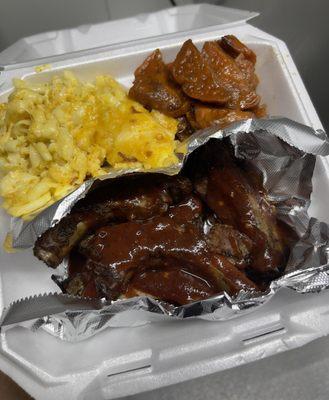 Pork BBQ Ribs with Candied Yams and Baked Mac and Cheese