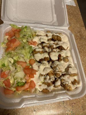 Chicken and shrimp with rice and salad