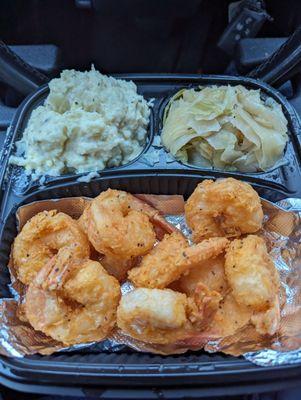 Fried shrimp potato salad and cabbage. This slaps.