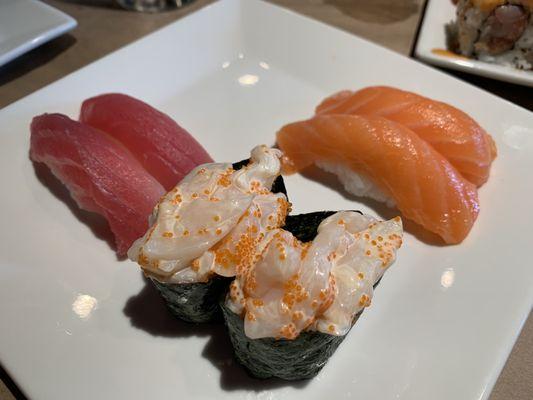 Assorted nigiri tuna, salmon, and scallop delight