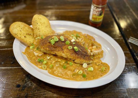 Jambalaya with grilled catfish filet added