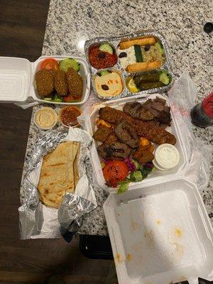 Appetizer sampler, deluxe entree sampler (with the meatballs!) and falafel appetizer