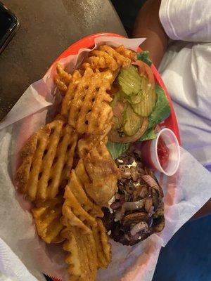 Mushroom burger cooked medium and of course some waffle fries