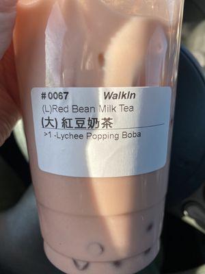 Red Bean Milk Tea with Lychee Popping Boba