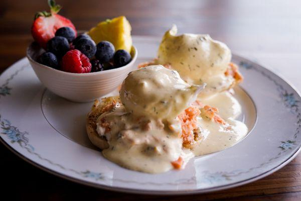 {Smoked Salmon Benedict}
Dill caper cream cheese on toasted english muffins, house smoked salmon, two poached eggs & dill caper hollandaise