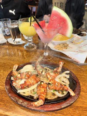 Bacon wrapped shrimp and watermelon margarita