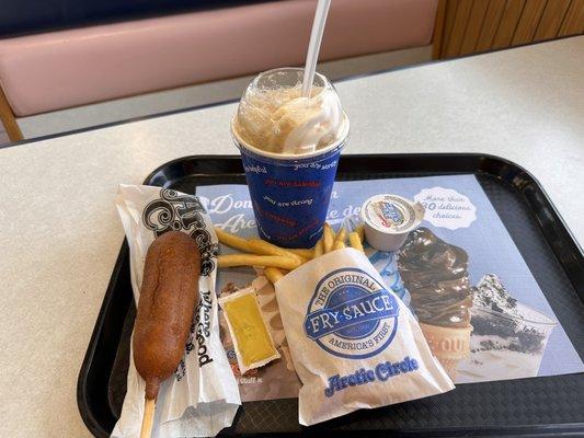 Corn dog, root beer float and fries at the Orchard Drive Arctic Circle.