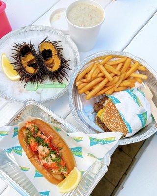 Famous Lobster Roll and Homemade Chips Uni Double Burger & Fries Clam Chowder