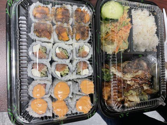 Lunch combo (3 rolls for $13 and Chicken teriyaki bento box (not pictured: soup, salad & California rolls included)