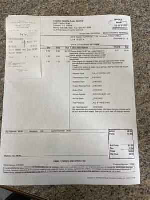 Oil change receipt