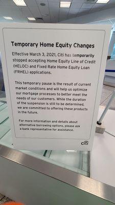 Heloc loans on pause at Citibank Lakes Friday 7.28.23