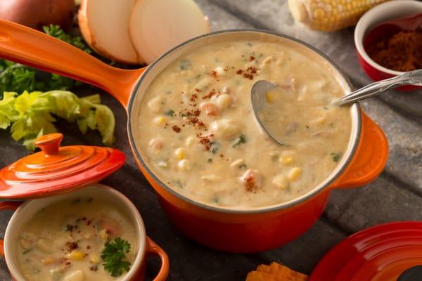 SW Chicken & Corn Chowder - juicy chicken seared on the grill, mixed with fresh corn, a vegetable medley and earthy SW spices.