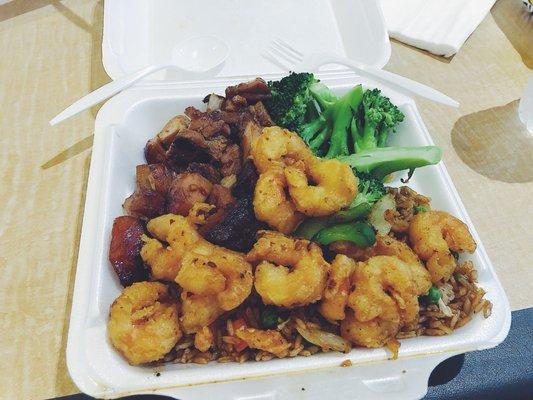 Spicy bourbon chicken, Cajun shrimp, fried rice and broccoli