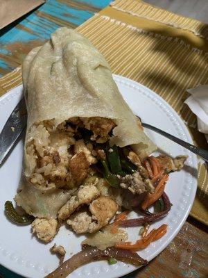 Scallion Pancake Wrap- tofu, peppers and onions, wasabi slaw- soo yummy I had it two nights in a row!