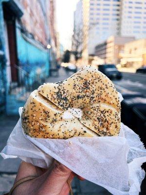 Toasted (for next level delish) everything bagel and tofu spread (because #dairyisscary)