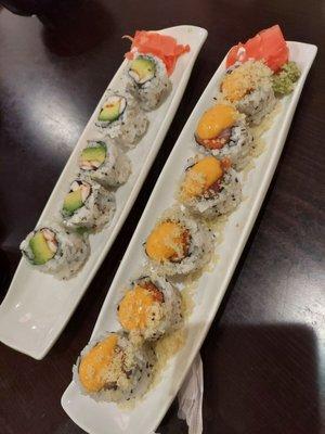 Shrimp avocado roll and spicy salmon roll