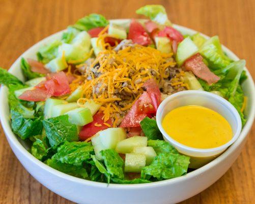 Big Spanish Salad. Brown Rice, Chicken breast, black beans with all the salad toppings.