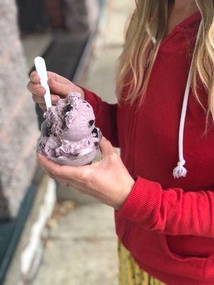 Michelle in her cherry red sweatshirt with her Black Cherry Ice Cream!