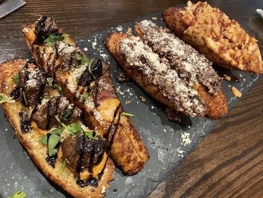 Bruschetta board - steak, olive, and chicken.