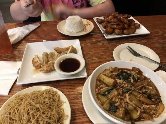 Lo mein, honey chicken, fried dumplings, eggplant shredded pork.