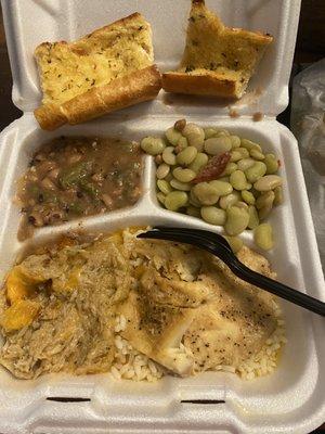 Crabmeat Au Gratin, tilapia with lemon butter sauce, black eyed peas & Lima beans with garlic bread.