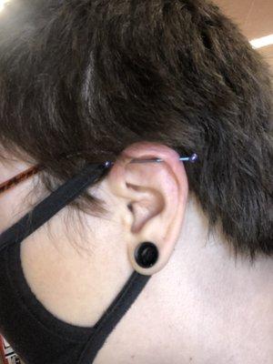 Industrial piercing with a blue/purple bar and balls.