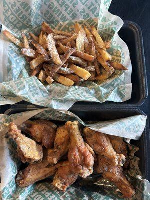 10 piece Lemon Pepper bone in wings with garlic parmesan fries