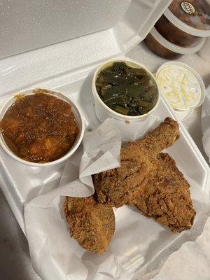 Fried chicken, yams and greens