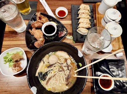 Tonkotsu Black ramen, gyoza, fried chicken