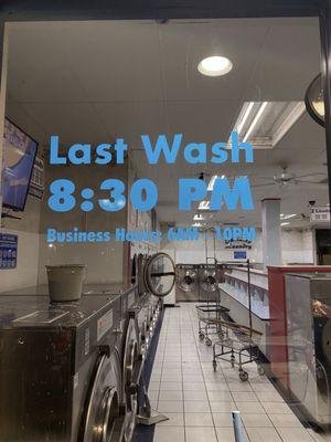 Last wash: 8:30pm  Closes at 10pm