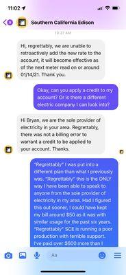 SCE customer "support" through Facebook Messenger. Hate Facebook, hate monopolies, hate SCE