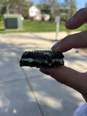 Dark chocolate covered mint Oreo cookie