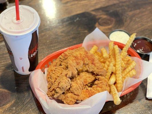 Check out our new item!! Chicken Strip Basket with Crispy crinkle cut fries and your choice of dip!