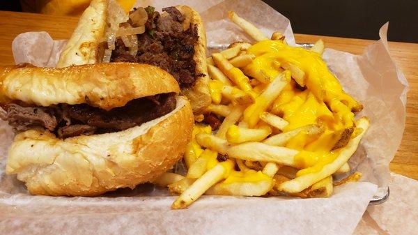 Philly cheese steak and cheesy fries.