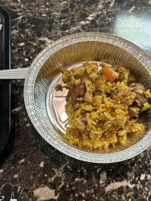 Chicken, rice and beans, sweet plantains, veggies