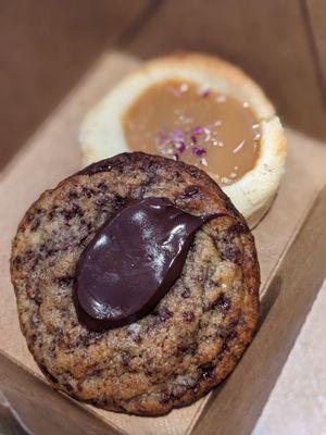 Miso chocolate chip cookie and dulce de leche thumbprint