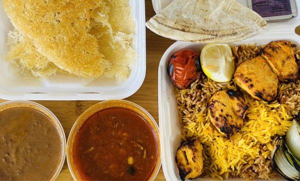 Boneless Chicken Lunch with Barberry Rice (upgraded) & Tah Dig with 2 Toppings (Gheimeh & Fesenjan)