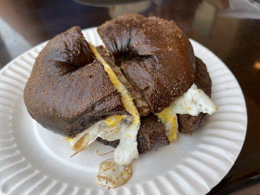 Sausage egg and cheese on pumpernickel